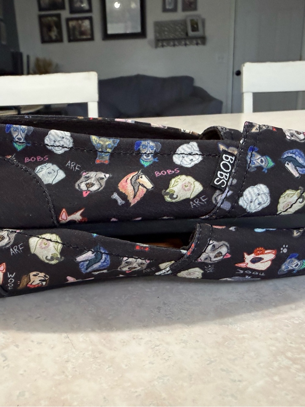BOBS from Skechers Black Canvas Slip-On Flats with Multicolor Dog Print